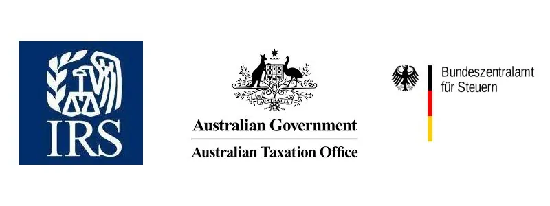 Logos of tax authorities: US IRS, Australian Taxation Office and Germany's Bundeszentralamt für Steuern